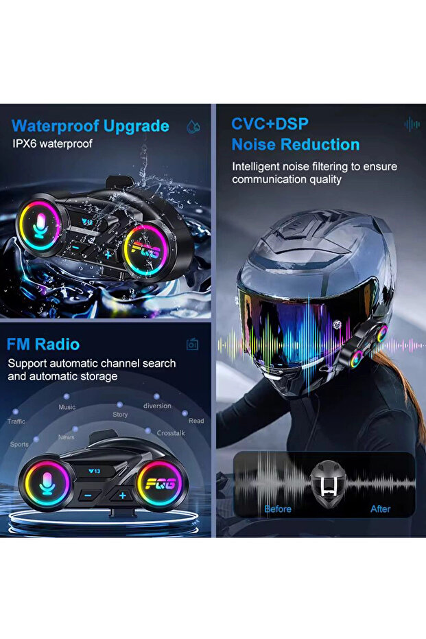 Y13 Motor Kask Kulaklık Rgb Modlu Radyolu Motosiklet Kulaklık 5-3 Bluetooth Intercom
